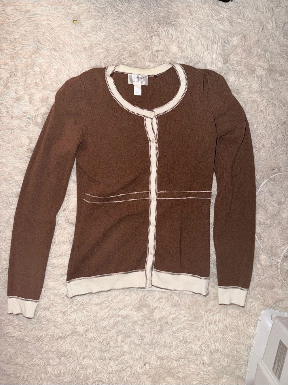 LOFT Brown Cardigan with Cream Contrast Trim